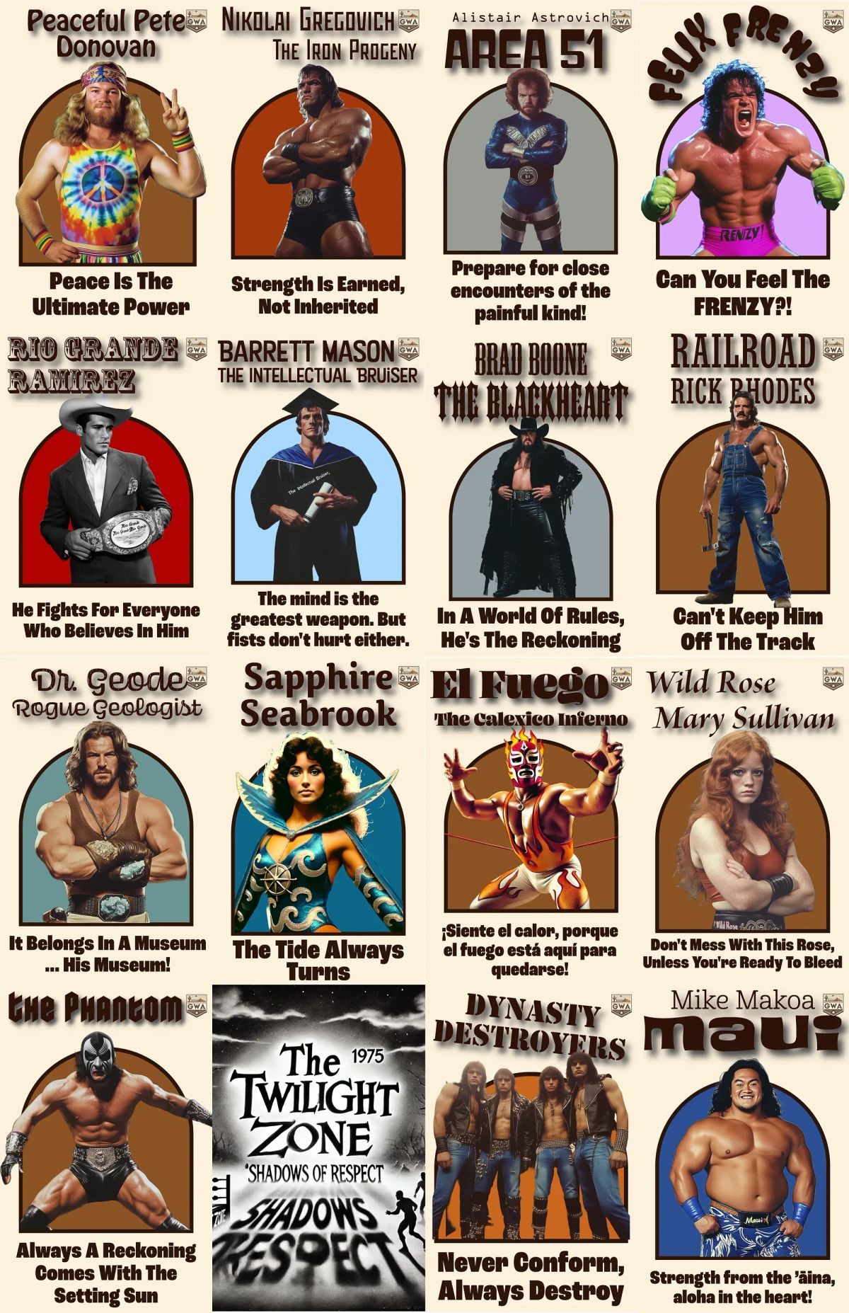 Grid of 16 GWA wrestlers in portrait style illustrations, each with character name and catchphrase tagline displayed below.