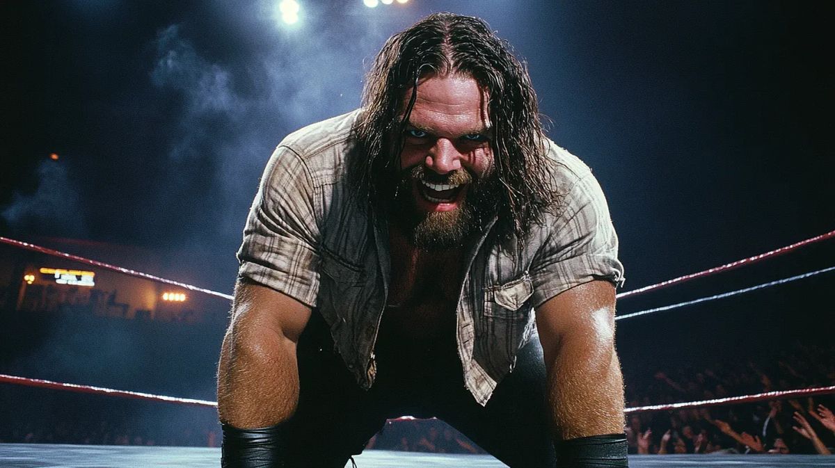 Mosh Morrison crouches in a wrestling ring wearing a plaid shirt, long dark hair, and beard, with an intense expression.