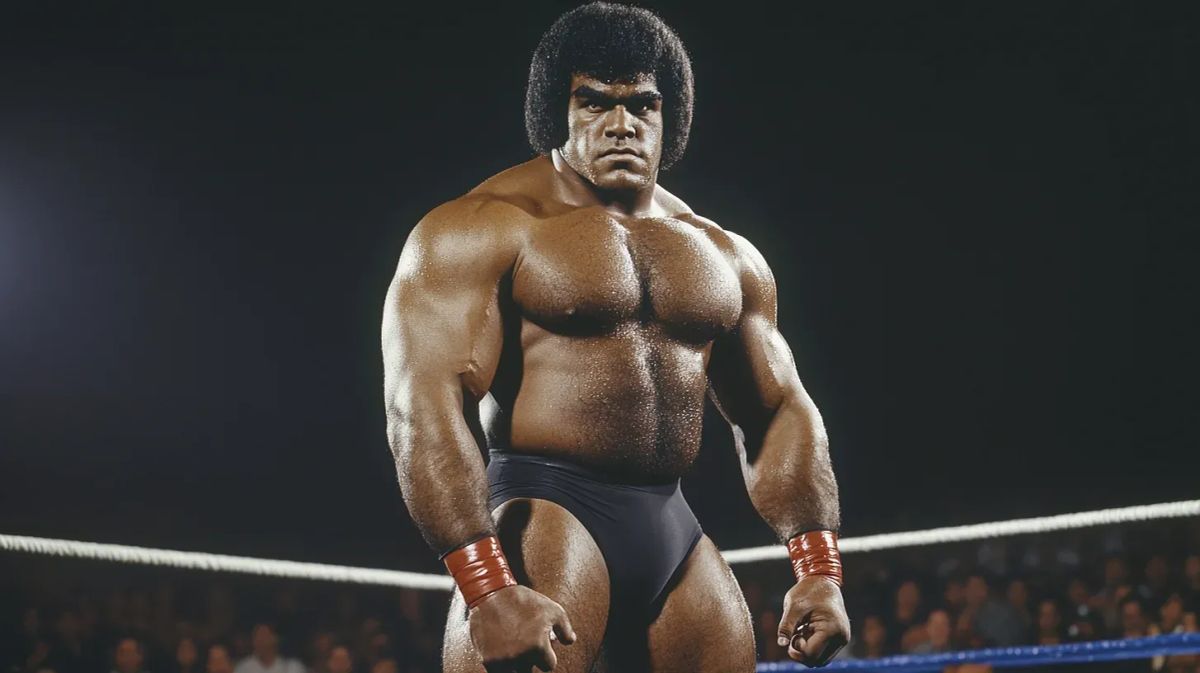 "The Volcano" Vila Fifita stands in a wrestling ring wearing red wrist tape and dark briefs, flexing his muscular physique under spotlight with a serious expression.