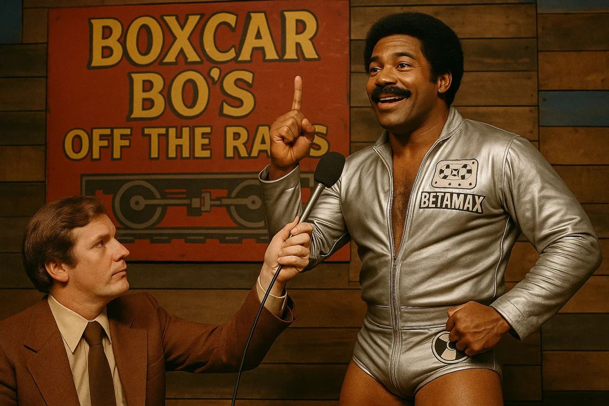 Wrestler in silver Betamax-branded outfit holds microphone while speaking to man in brown suit before wooden wall sign.
