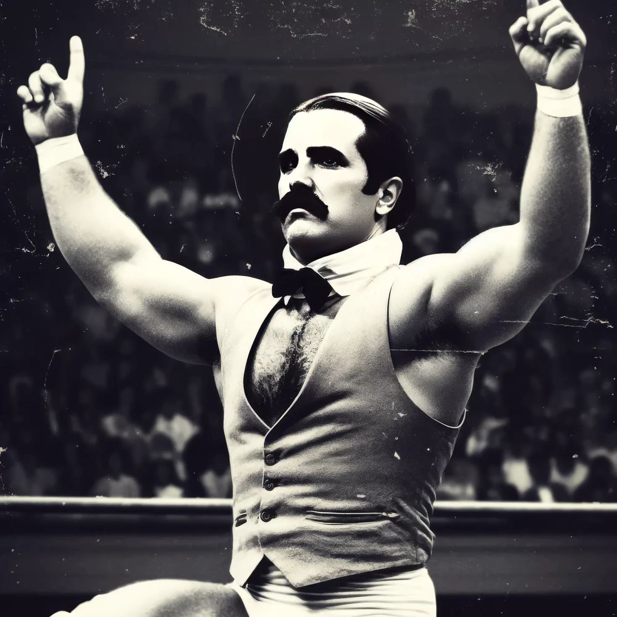 Muscular wrestler in vest and bow tie with distinctive mustache raising both arms in victory pose before crowd.