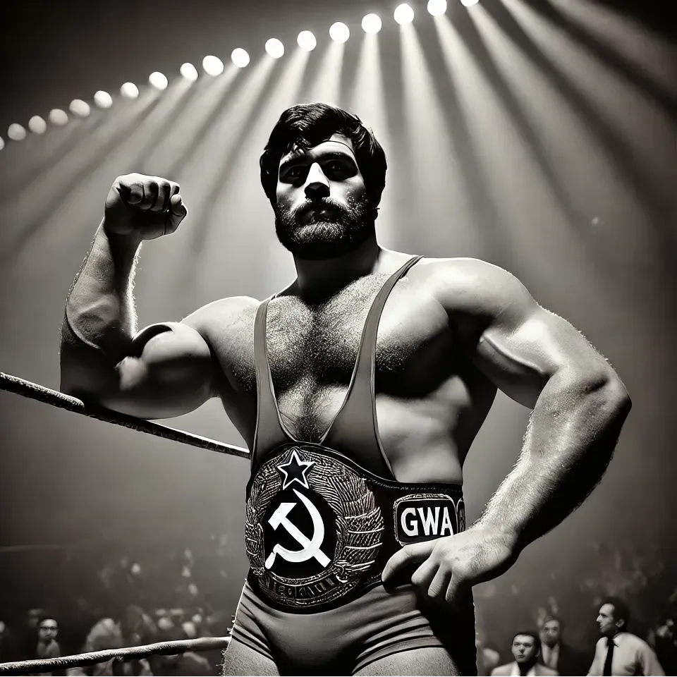 "Ironside" Ivan Gregorovich stands in a wrestling ring wearing sunglasses, a star-emblazoned belt, and a confident pose under dramatic overhead lighting.