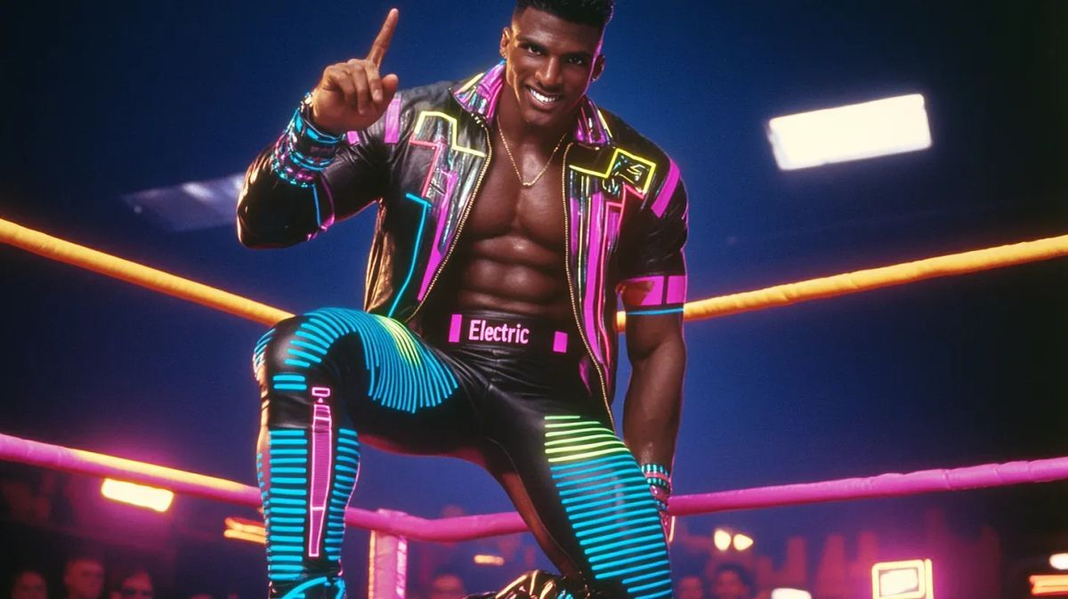 "Electric" Steve Neon poses in a wrestling ring wearing a neon-trimmed black jacket and pants with cyan and magenta striping, pointing upward with a confident smile.
