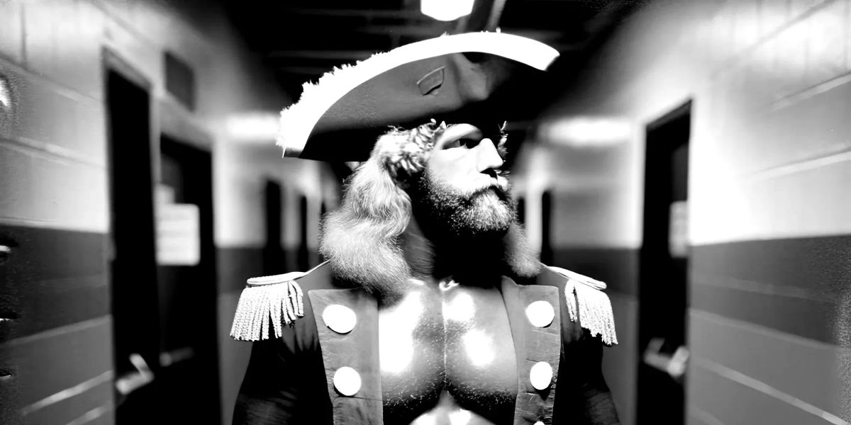 The Outlaw Jesse Hawkins in military dress uniform with epaulettes and halo, posed in a stark corridor setting.