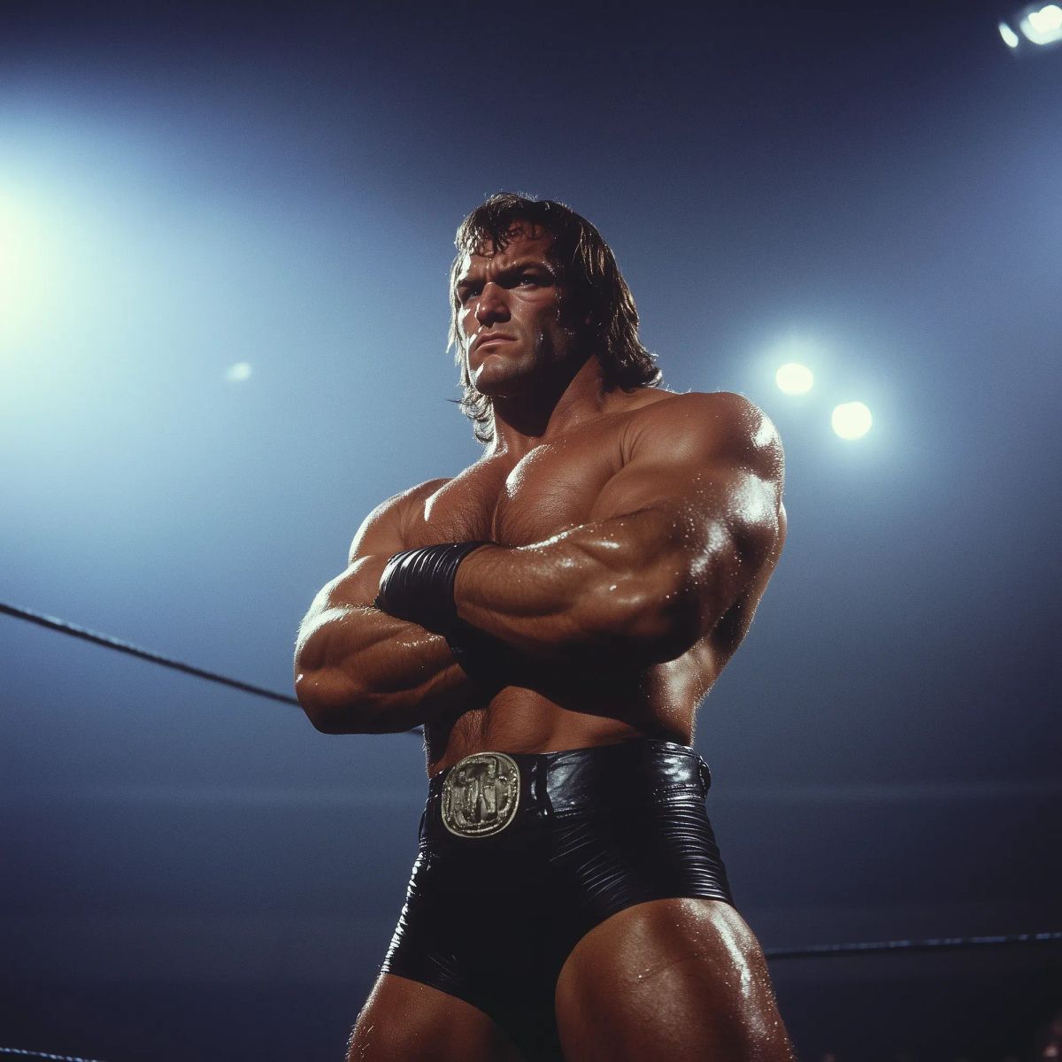 Nikolai Gregorovich stands in a wrestling ring with arms crossed, wearing black wrestling trunks with a championship belt, long blonde hair, and an intense expression under ring lights.