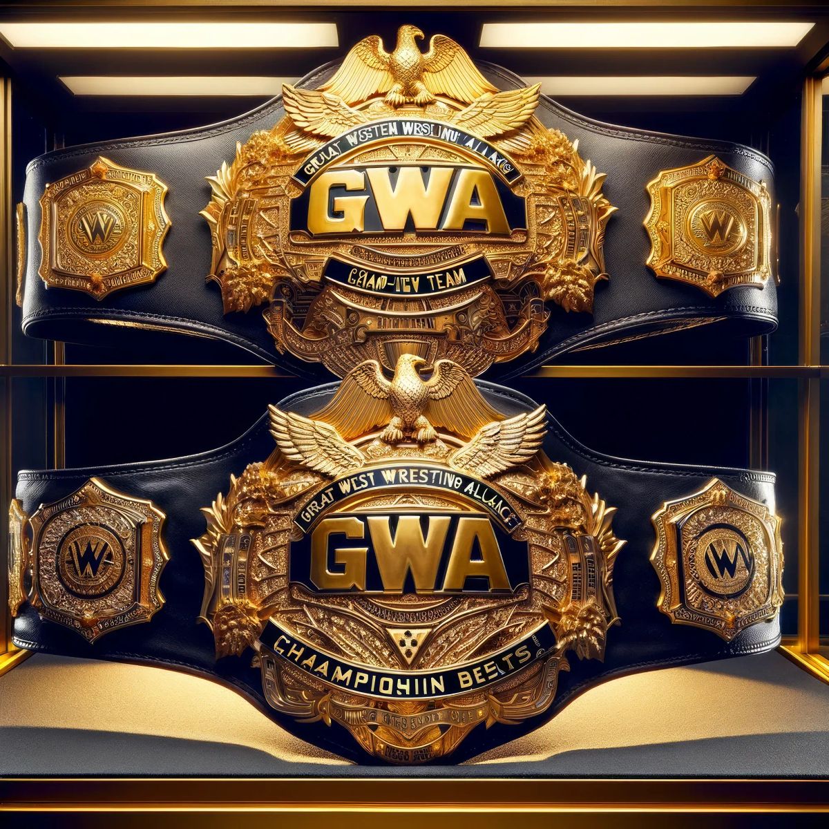 Two ornate gold and black GWA championship belts displayed on a shelf with eagles and decorative medallions.