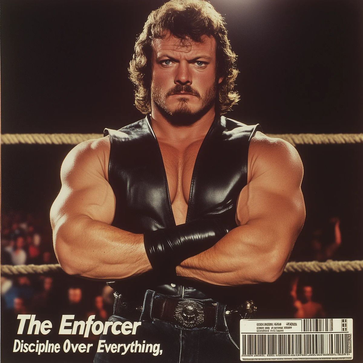 Eddie "The Enforcer" King stands in a wrestling ring with arms crossed, wearing a black leather vest and championship belt, with golden-blonde curled hair and a stern expression.