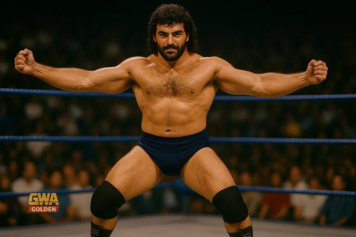 El Cadejo Alejandro Vargas stands in a wrestling ring with arms spread wide, displaying his muscular physique and black knee pads.