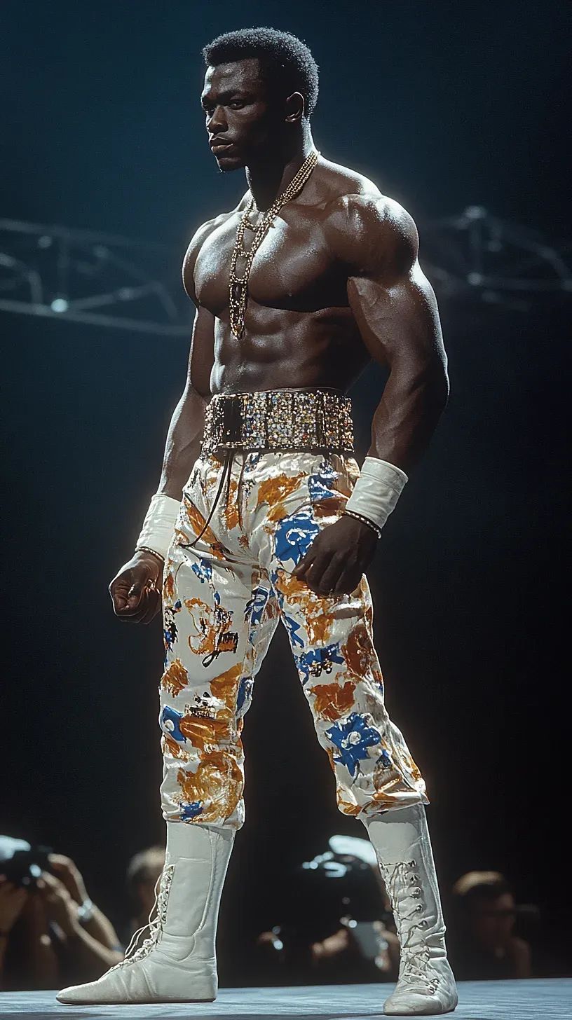 Jean Savage stands shirtless in a ring wearing a sparkly gold waistband, patterned pants with blue and gold designs, white boots, and a decorative chain necklace.