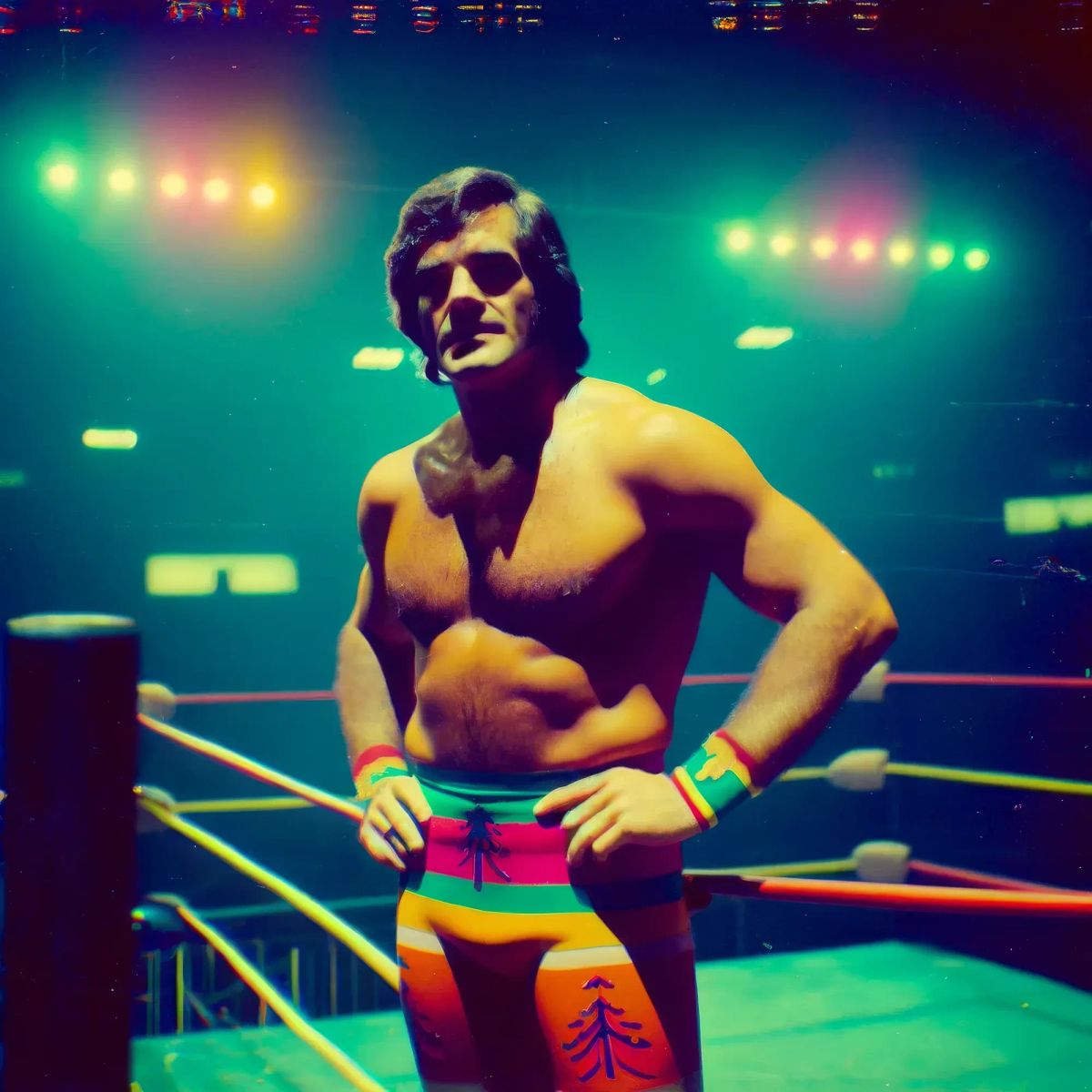"Redwoods" Jack Carson shirtless in sunglasses and colorful striped trunks standing in a wrestling ring under stage lights.