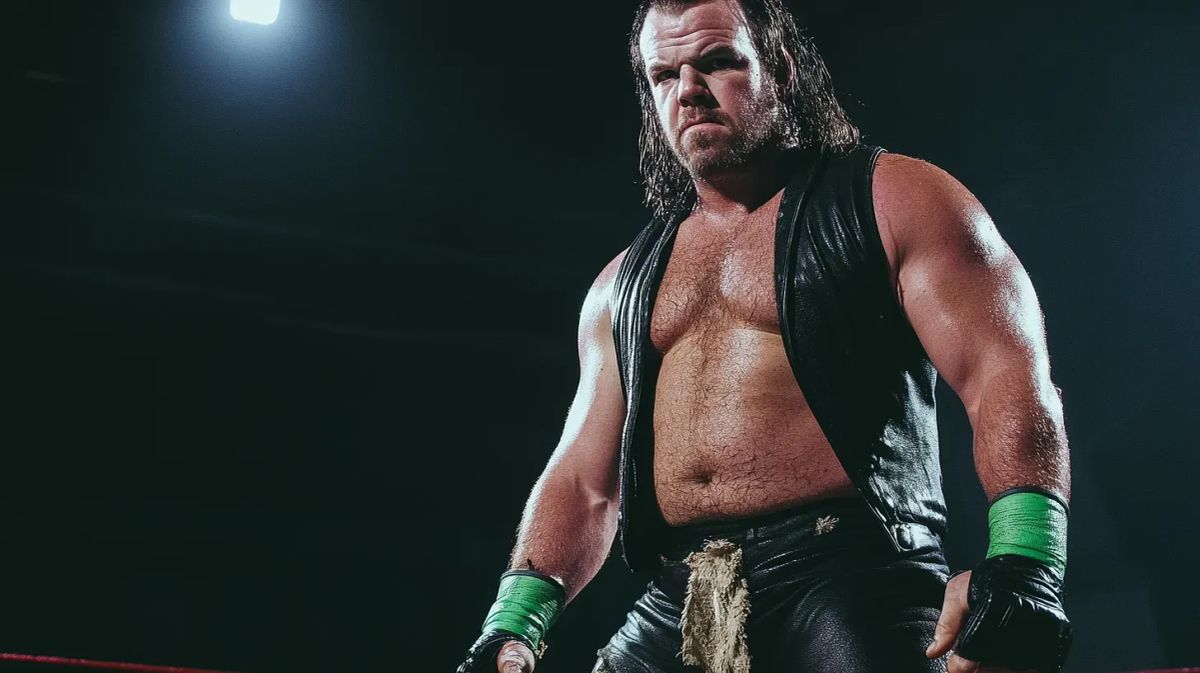 Mick Murphy stands in a wrestling ring under spotlight, shirtless wearing black leather vest and pants with green wrist tape, displaying a stern expression.