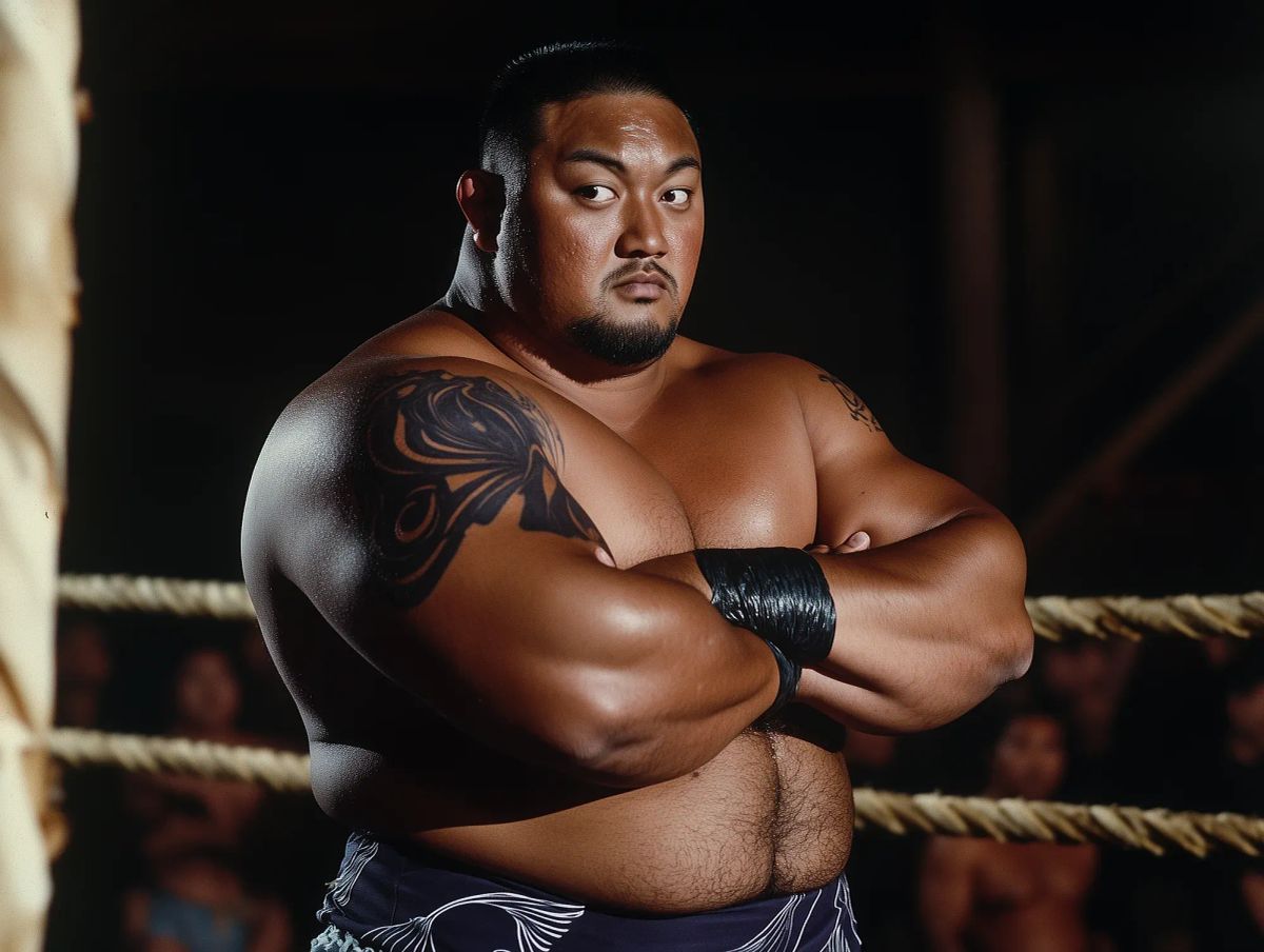 Tsunami Sam stands shirtless in a wrestling ring with arms crossed, displaying a large tribal tattoo on his shoulder, wearing black wrist tape and patterned shorts.