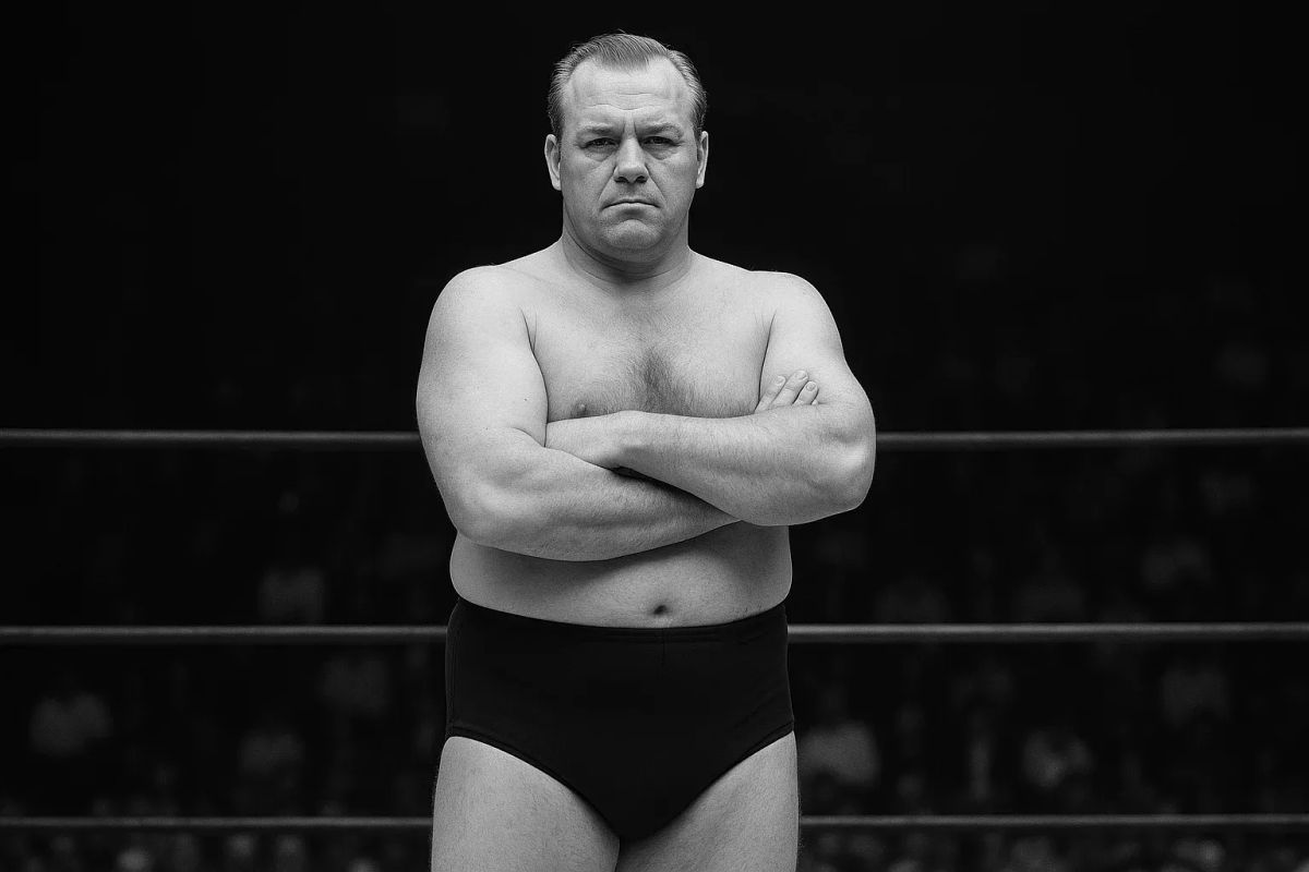 Erik Thorgeson stands shirtless in a wrestling ring with arms crossed, wearing black trunks, in a black and white photograph.