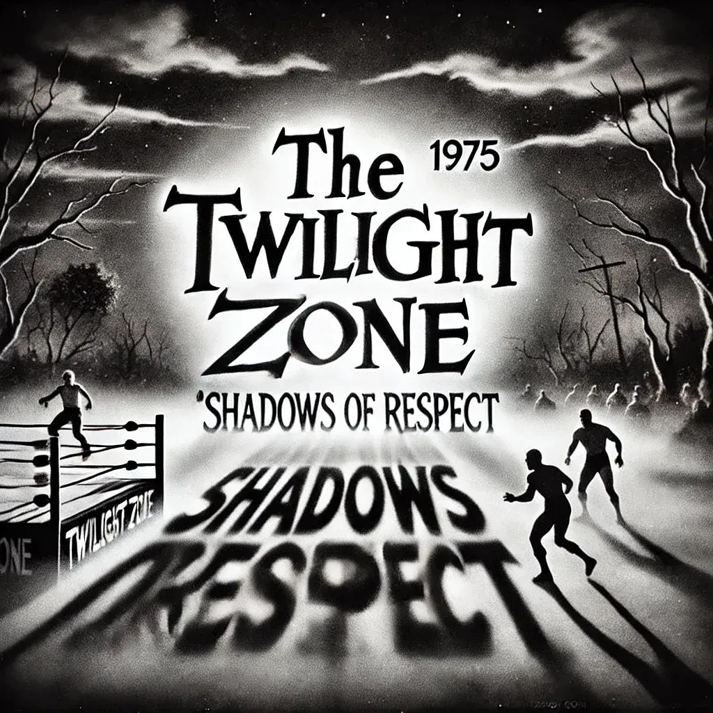 Black and white 1975 Twilight Zone poster showing silhouetted wrestlers in a boxing ring under a dramatic stormy sky.