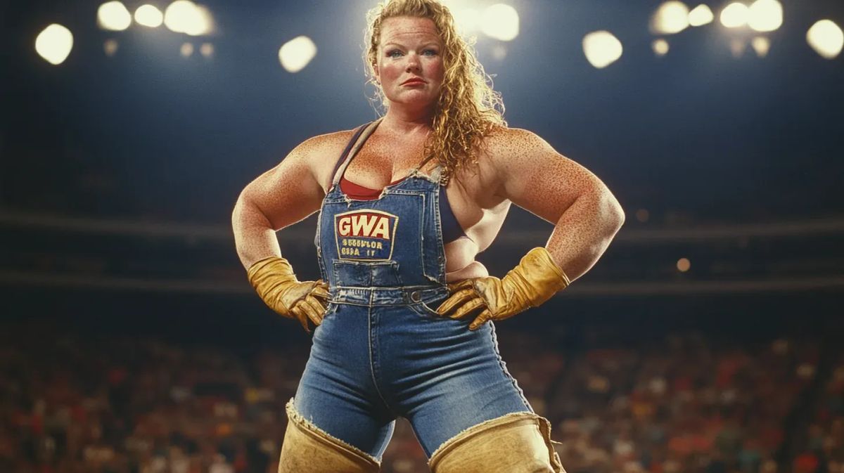 Clara McCready stands in a wrestling ring wearing a denim overalls costume with gold accents, hands on hips, facing the camera with stadium lights behind her.