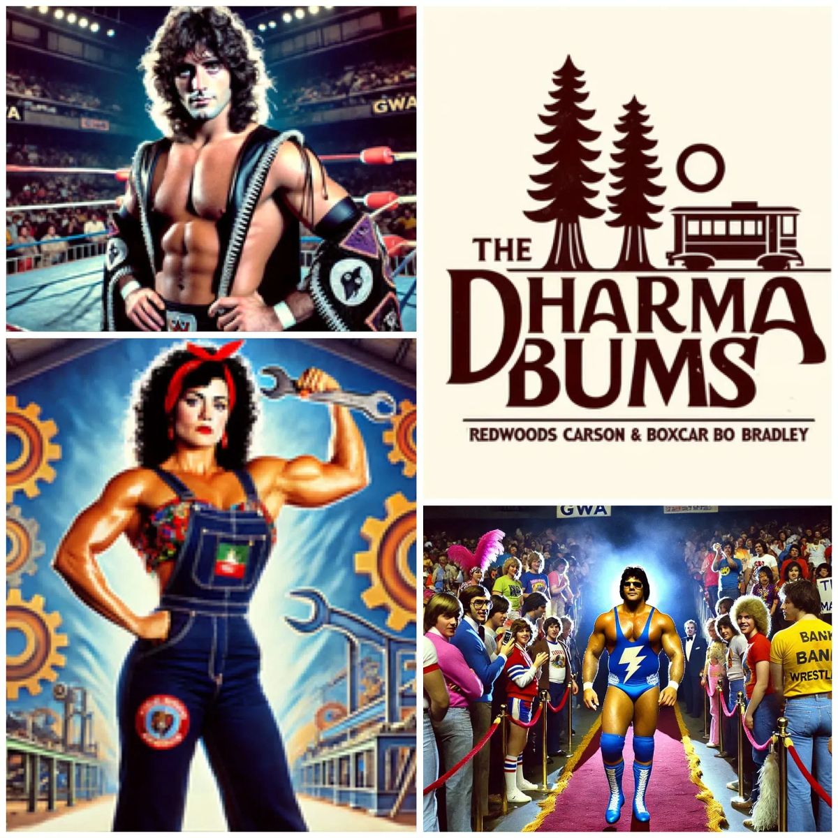 Collage of GWA wrestlers in ring gear and wrestling venues from the 1970s-1980s era, featuring performers in various costumes and poses.