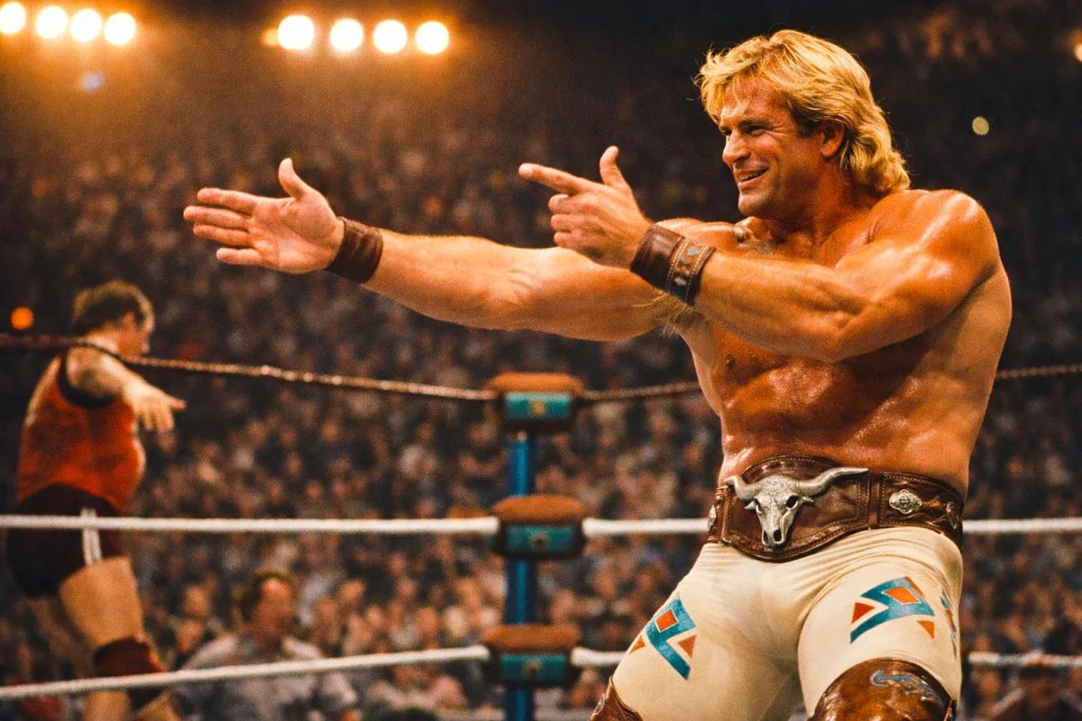 Hank Remington spreads his arms wide to the crowd in a wrestling ring, wearing white trunks with blue and red designs and a bull-skull belt buckle.