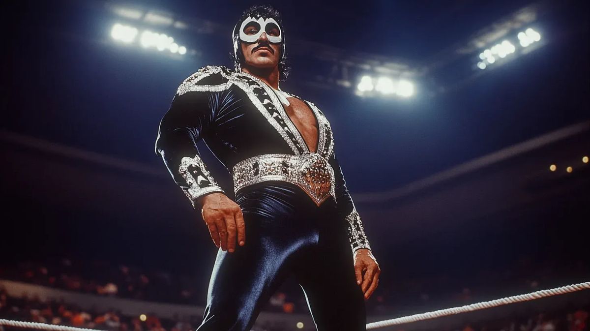 El Guitarrón stands in a wrestling ring wearing a black and silver sequined jacket and blue pants, with white goggles on his head, looking toward the camera.