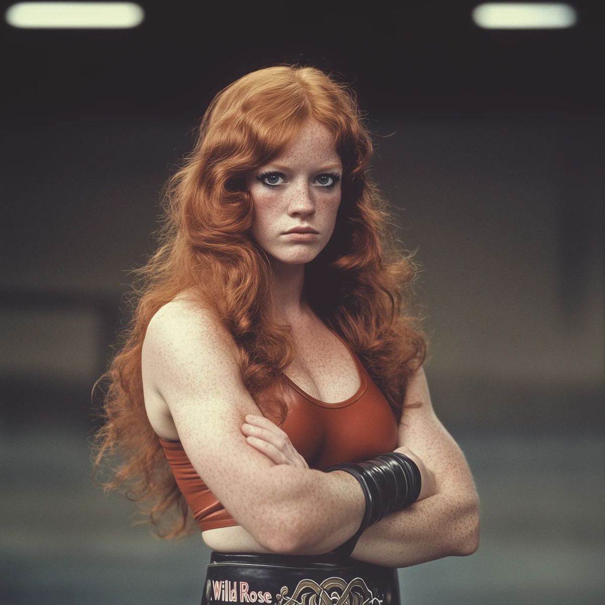 Wild Rose Mary Sullivan poses with arms crossed wearing a red wrestling top and black wristbands against a dark background.