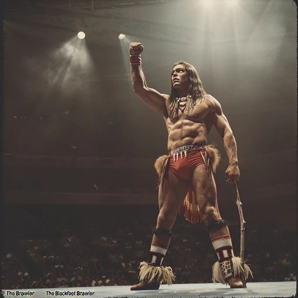 Jake Hipp "The Blackfoot Brawler" stands on stage with raised fist, wearing red fringed wrestling trunks and beaded accessories, spotlit against dark background.