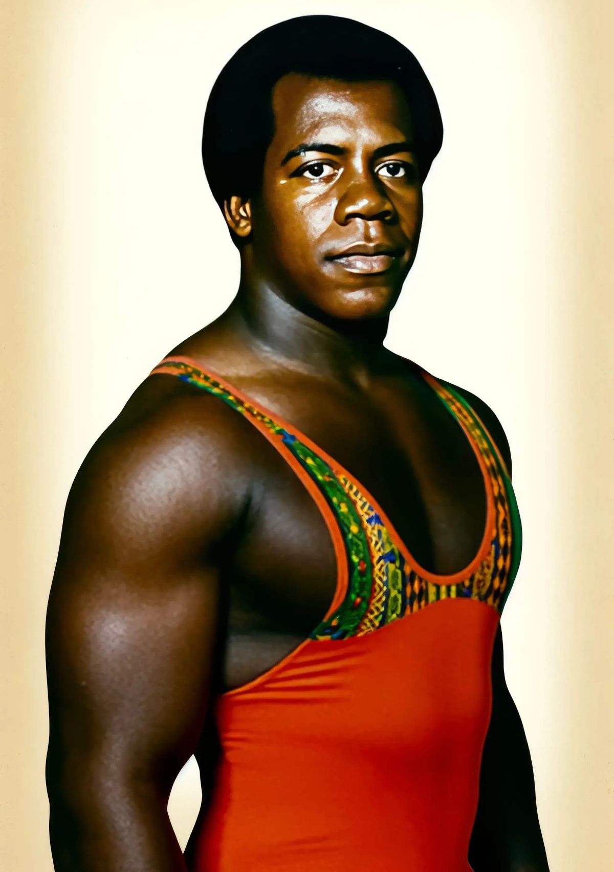 "The Viper" Vic Steele shirtless in red wrestling singlet with green and gold patterned trim, posed against beige background.