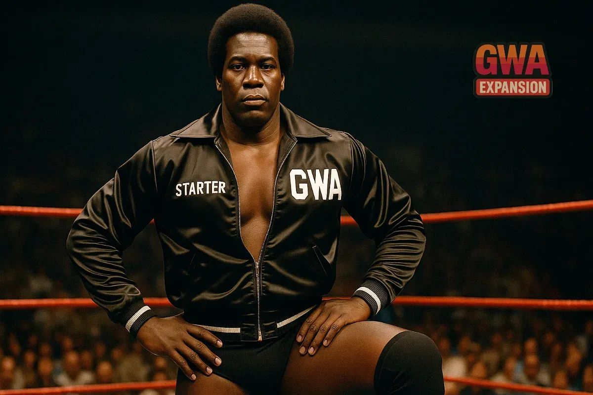 Ray Robinson in black GWA starter jacket stands in wrestling ring with confident pose.