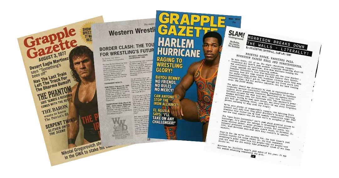 Five vintage Grapple Gazette wrestling magazines and newsletters from the 1970s-1990s featuring shirtless wrestlers and article headlines.