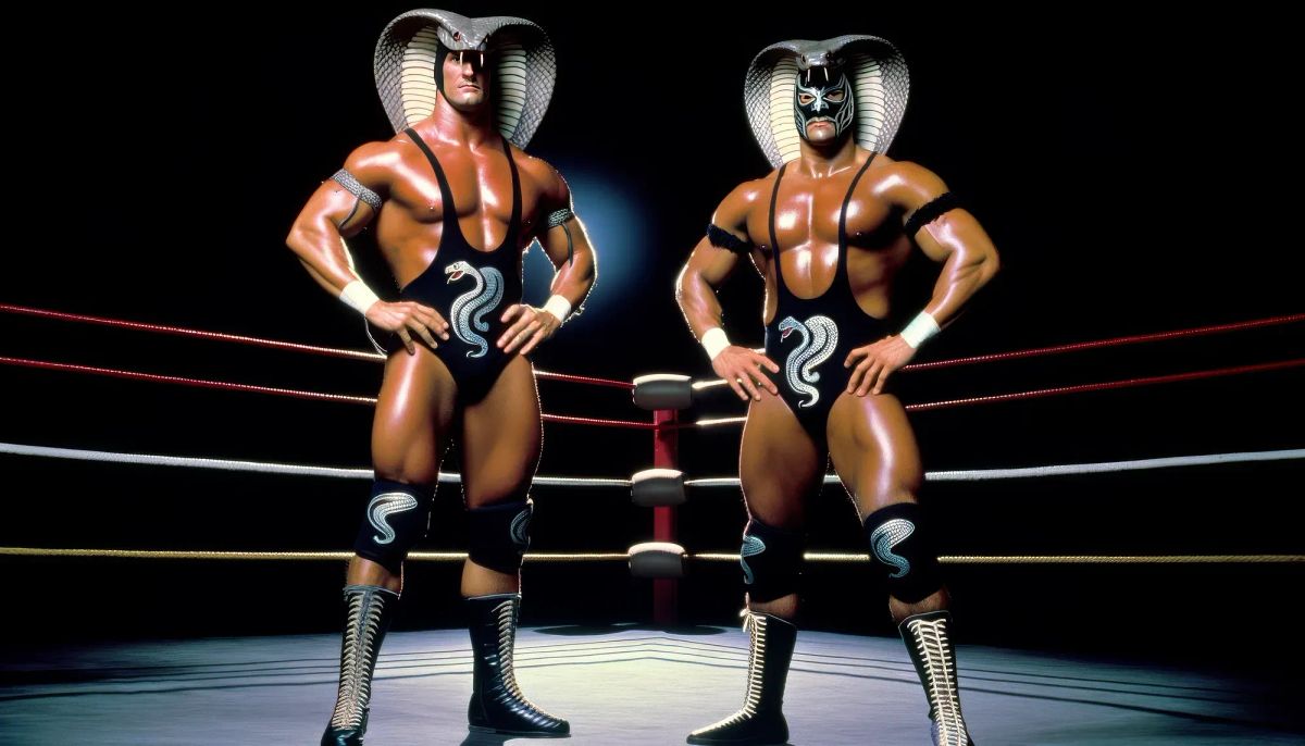 Serpent Twins standing in wrestling ring wearing cobra-headed masks and matching snake-patterned singlets with boots.