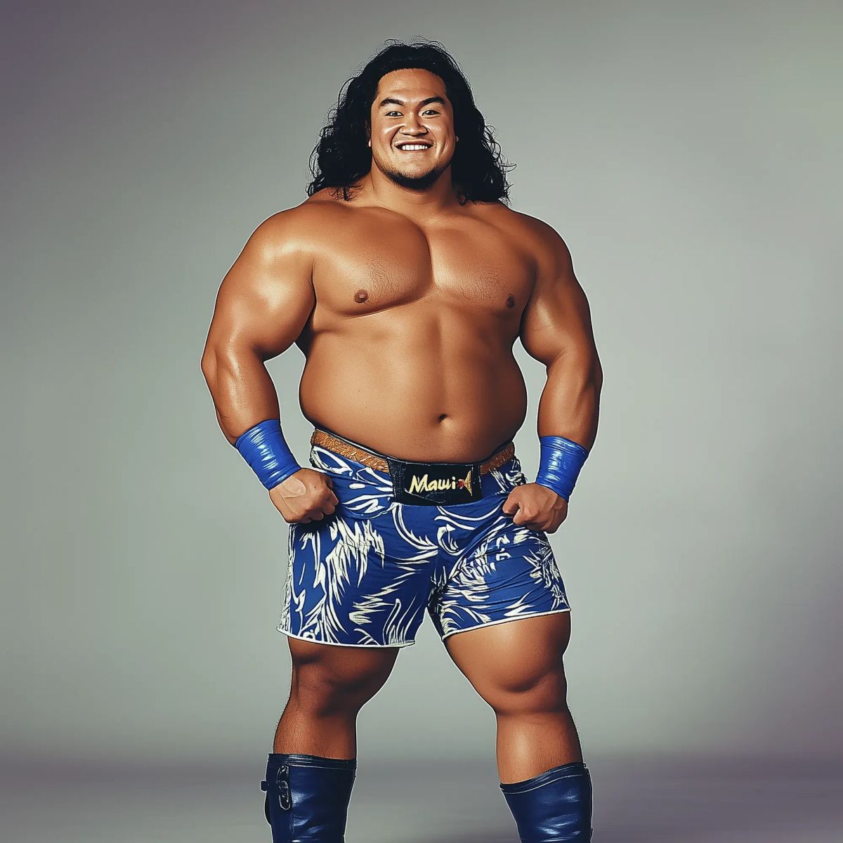 "Maui" Mike Makoa flexes shirtless in blue patterned shorts and wrist tape against a neutral background.
