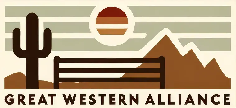 Great Western Alliance logo featuring a cactus, sunset, mountains, and a ranch fence in brown tones against a cream background.