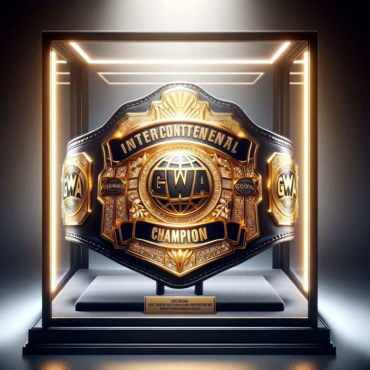 GWA Intercontinental Championship belt displayed in illuminated glass case with gold and black design featuring globe centerpiece.