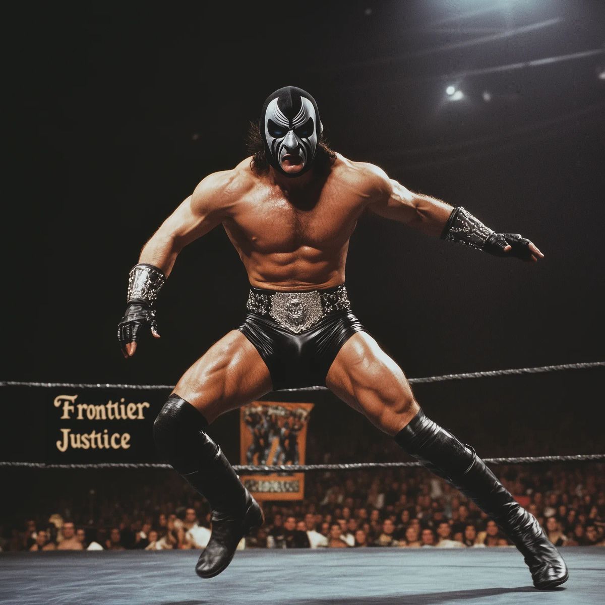 The Phantom stands in a wrestling ring wearing a black and white mask, black leather boots and wristbands, and a jeweled black waistband, in an aggressive fighting stance.