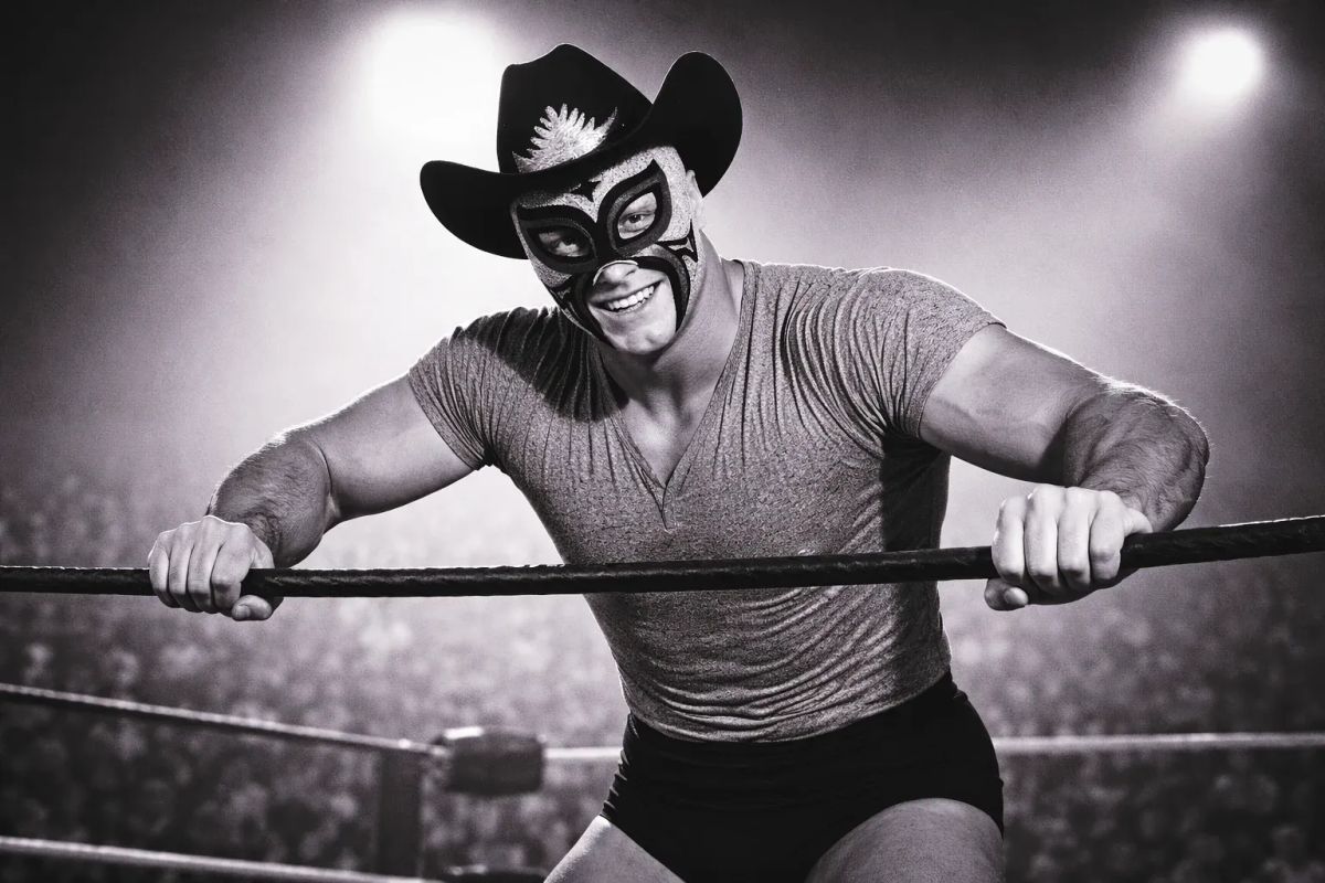 El Desperado Enmascarado in wrestling mask and cowboy hat grips the top rope in a vintage black and white ring photo.