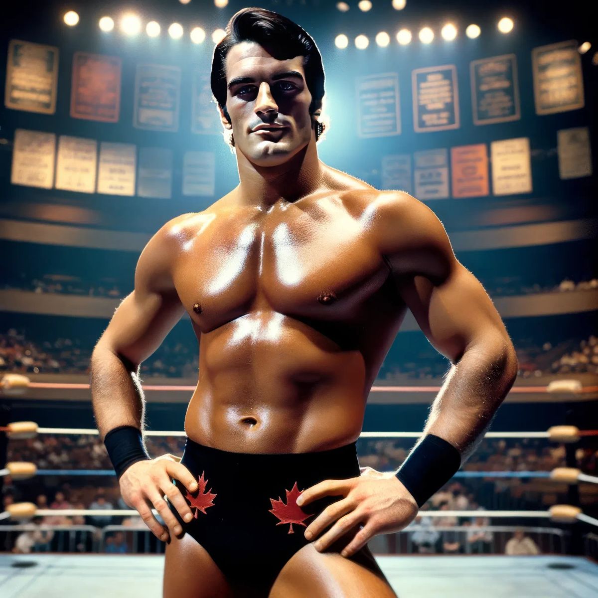 Thomas Reed stands shirtless in a wrestling ring, wearing black trunks with maple leaf designs and wrist tape, flexing in a confident pose under arena lights.