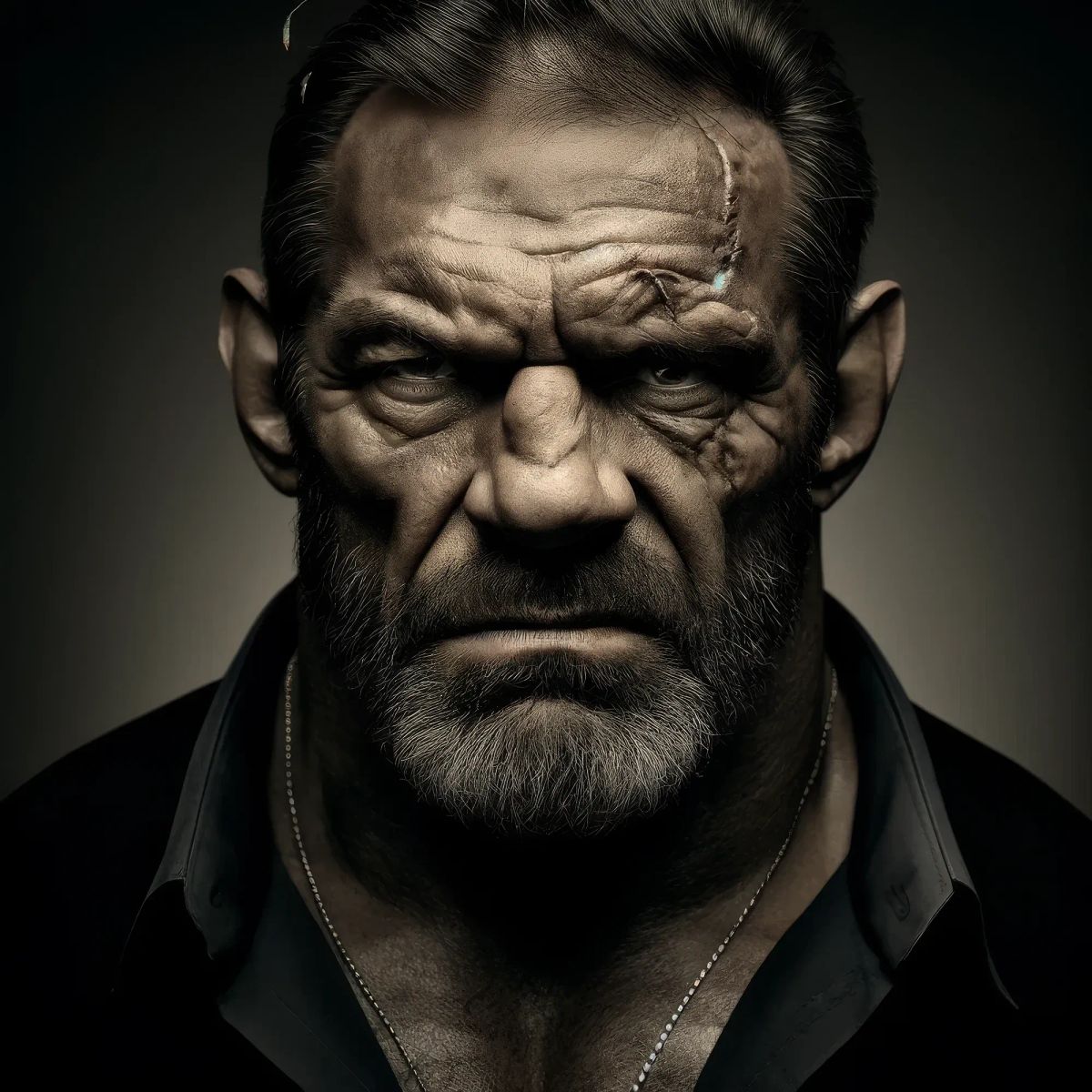 "Mad Dog" Marty Richardson, bearded wrestler in black shirt with chain necklace, stern expression against dark background.