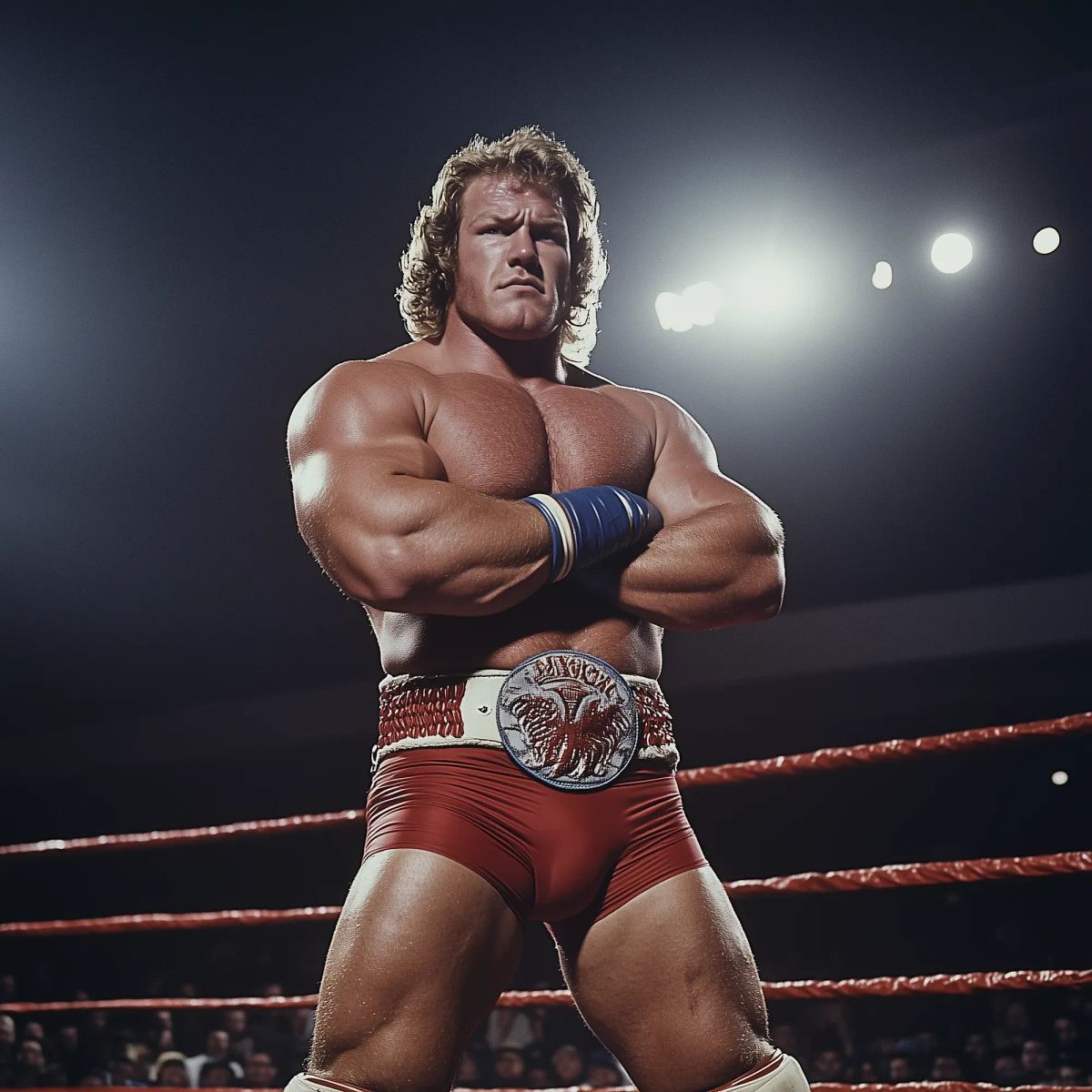 Joe Frontier stands in a wrestling ring with arms crossed, wearing red trunks and a championship belt, with blonde curled hair and a stern expression.