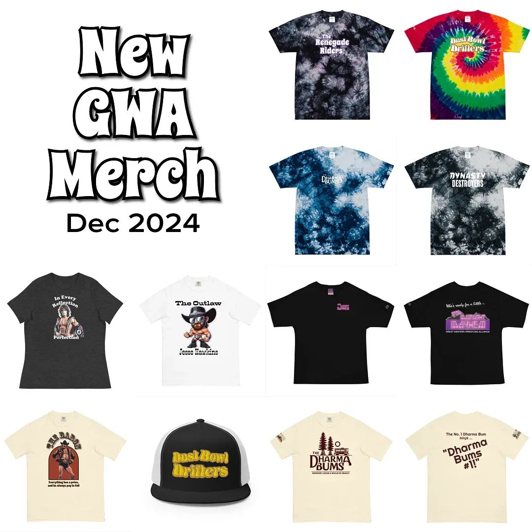 Twelve GWA merchandise items displayed in a grid including tie-dye t-shirts, graphic tees, and a black snapback hat featuring wrestling-related designs and team names.
