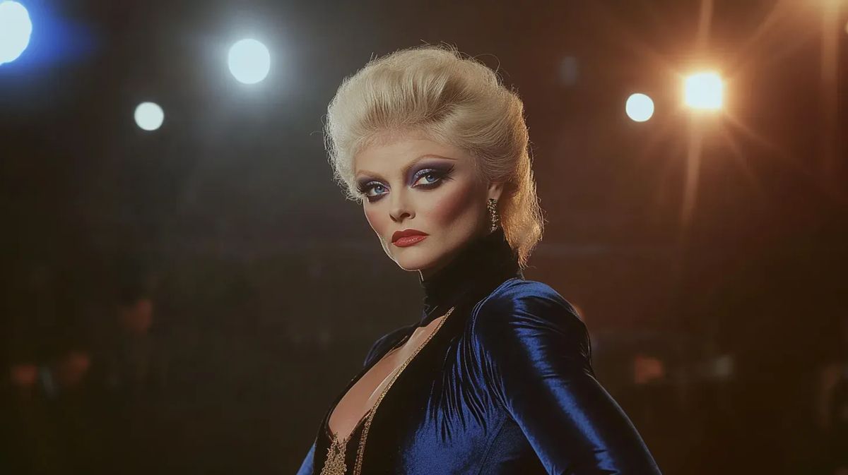 Vivian Vanceworth in blue satin jacket and gold chain, platinum blonde hair styled upward, dramatic makeup, posed against stage lights.