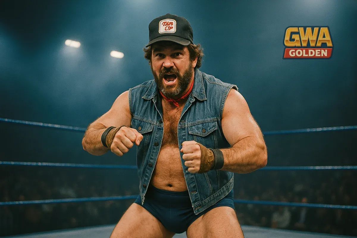 "Big Rig" Charlie Bravo in denim vest and cap, posed in wrestling ring with fists up and beard, circa 1970s-80s GWA era.