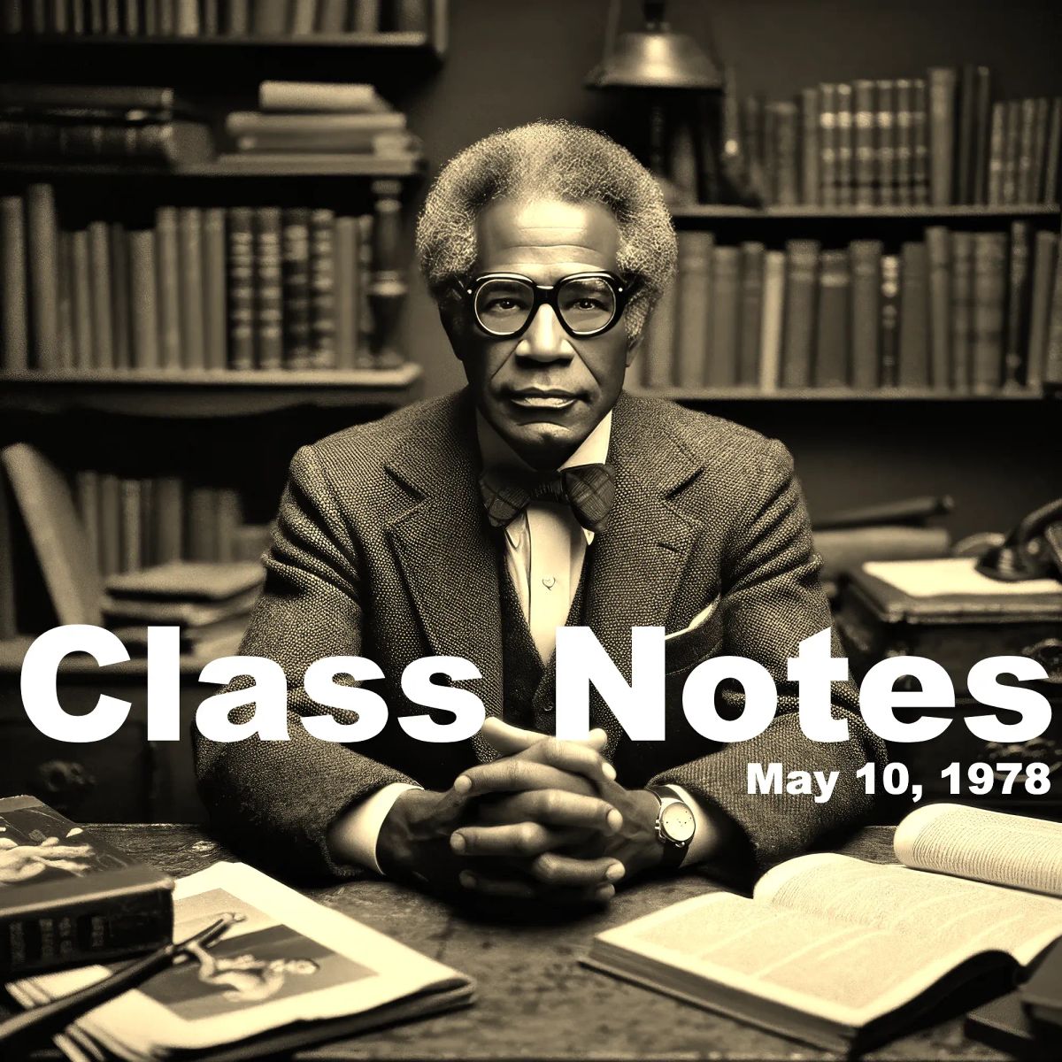 Man in glasses and suit seated at desk with books and papers, library shelves behind him, black and white photo from 1978.
