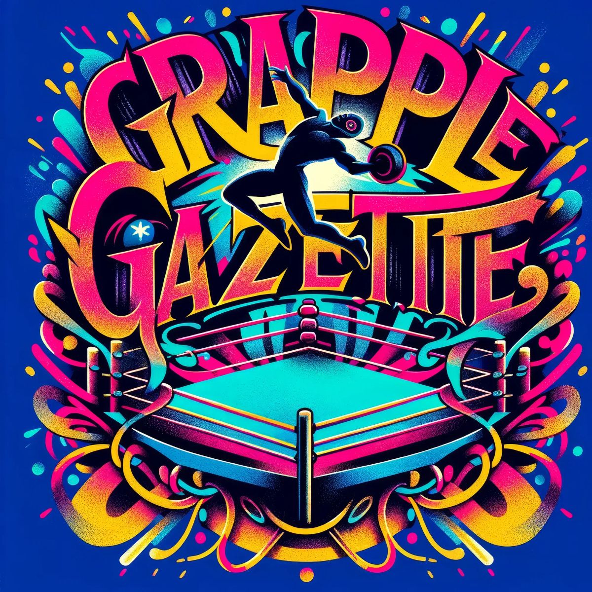 Colorful retro wrestling poster with silhouetted wrestler above a wrestling ring, surrounded by vibrant pink, yellow, and cyan typography and decorative elements.