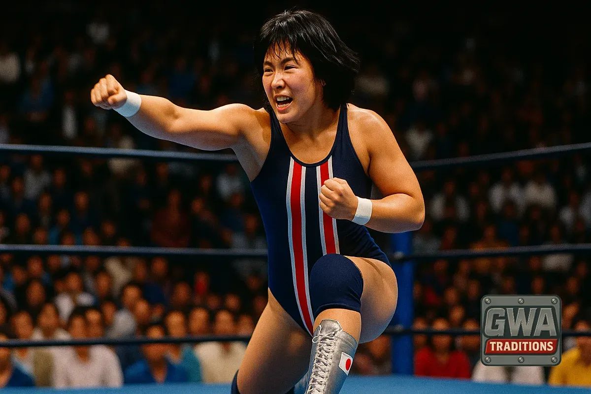 Asuka Fujimoto celebrates in a wrestling ring wearing a dark blue singlet with red and white stripes and white wrist tape, with a crowd visible in the background.
