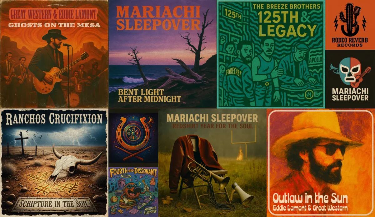 Nine album covers featuring Western and Mariachi Sleepover music artwork with desert landscapes, band imagery, and warm orange and earth tones.