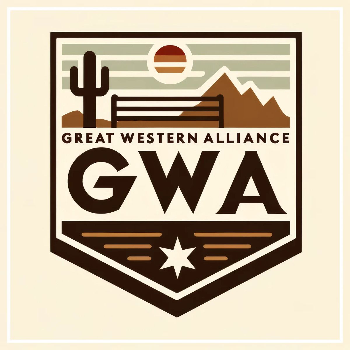 GWA logo featuring a desert landscape with saguaro cactus, mountains, sun, bench, and white star on dark brown shield background.