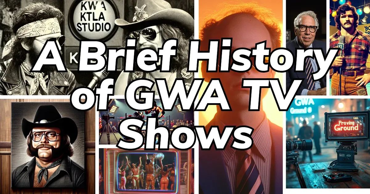 Collage of GWA television show promotional materials and studio imagery from 1957-1993, featuring wrestlers in period costumes and vintage broadcast equipment.