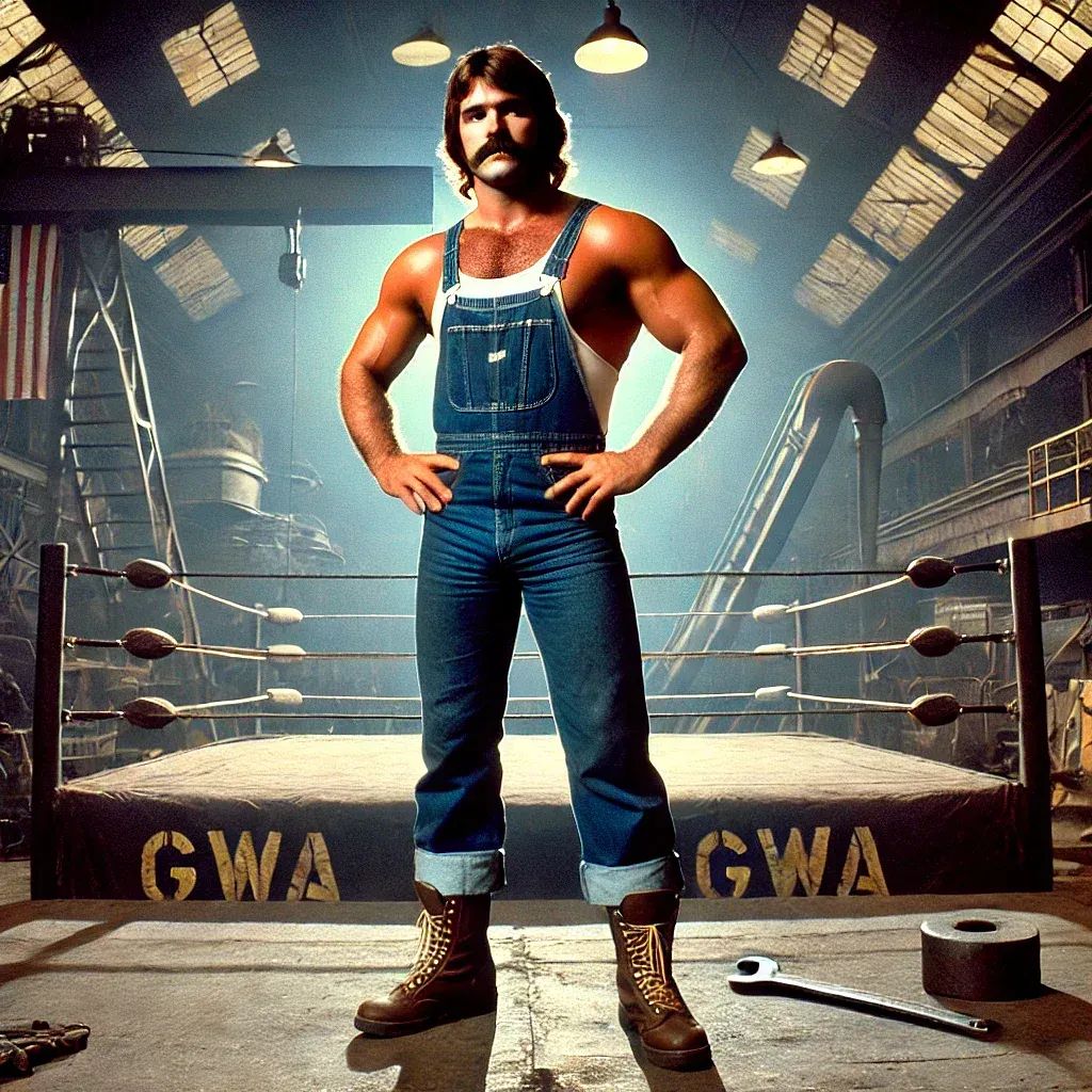 Railroad Rick Rhodes stands in a wrestling ring wearing denim overalls and boots, hands on hips, with long dark hair and mustache.