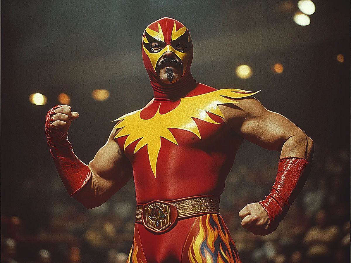 Carlos Mendoza in red and yellow wrestling costume with mask, striking a fighting pose against a blurred arena background.