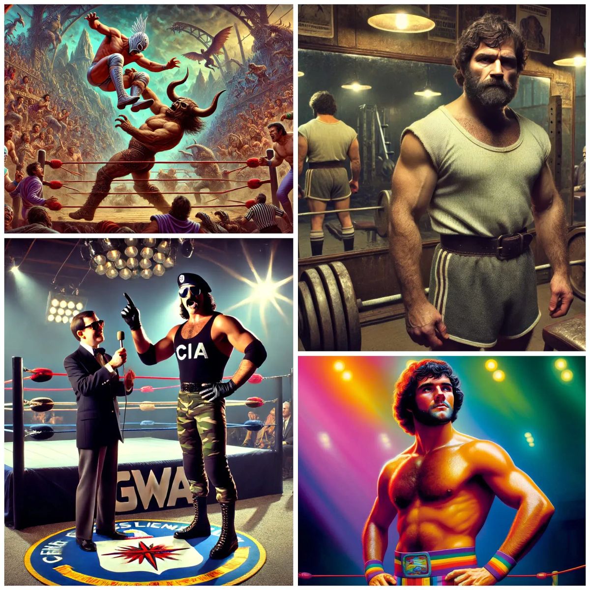 Collage of four wrestling-themed illustrations showing muscular performers in various 1970s-80s wrestling settings and promotional scenarios.