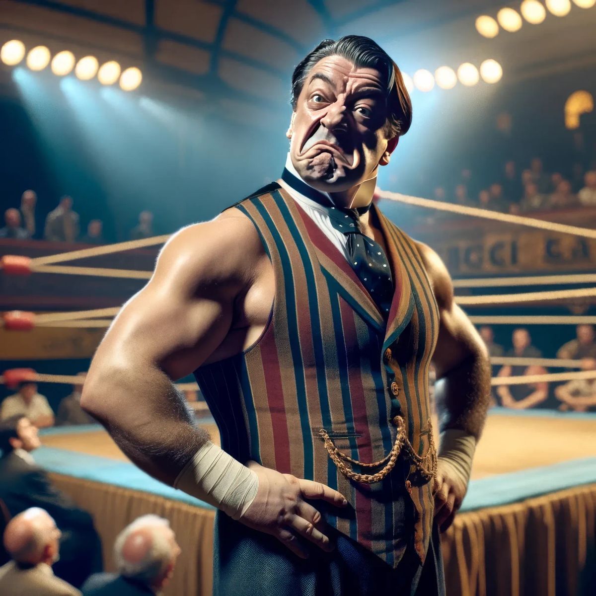 "The Gentleman" James Montgomery stands in a wrestling ring wearing a striped vest and bow tie, with an exaggerated facial expression.