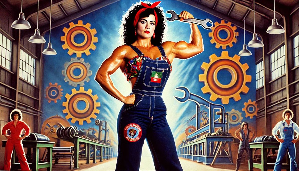 Rosie the Riveter flexes her bicep in a factory setting wearing a red bandana, denim overalls, and holding a wrench, surrounded by gears and coworkers in 1950s industrial attire.